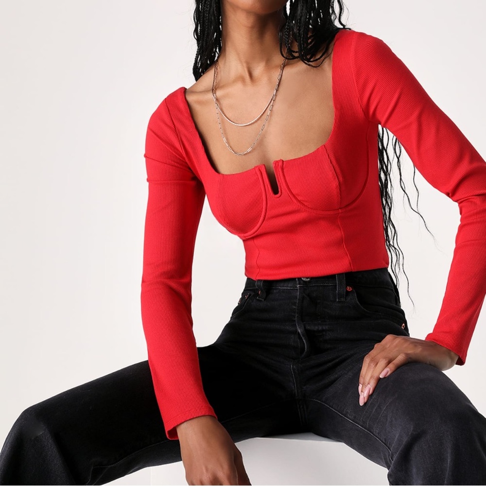 Lulus Red Orange Ribbed Long Sleeve Bustier Top